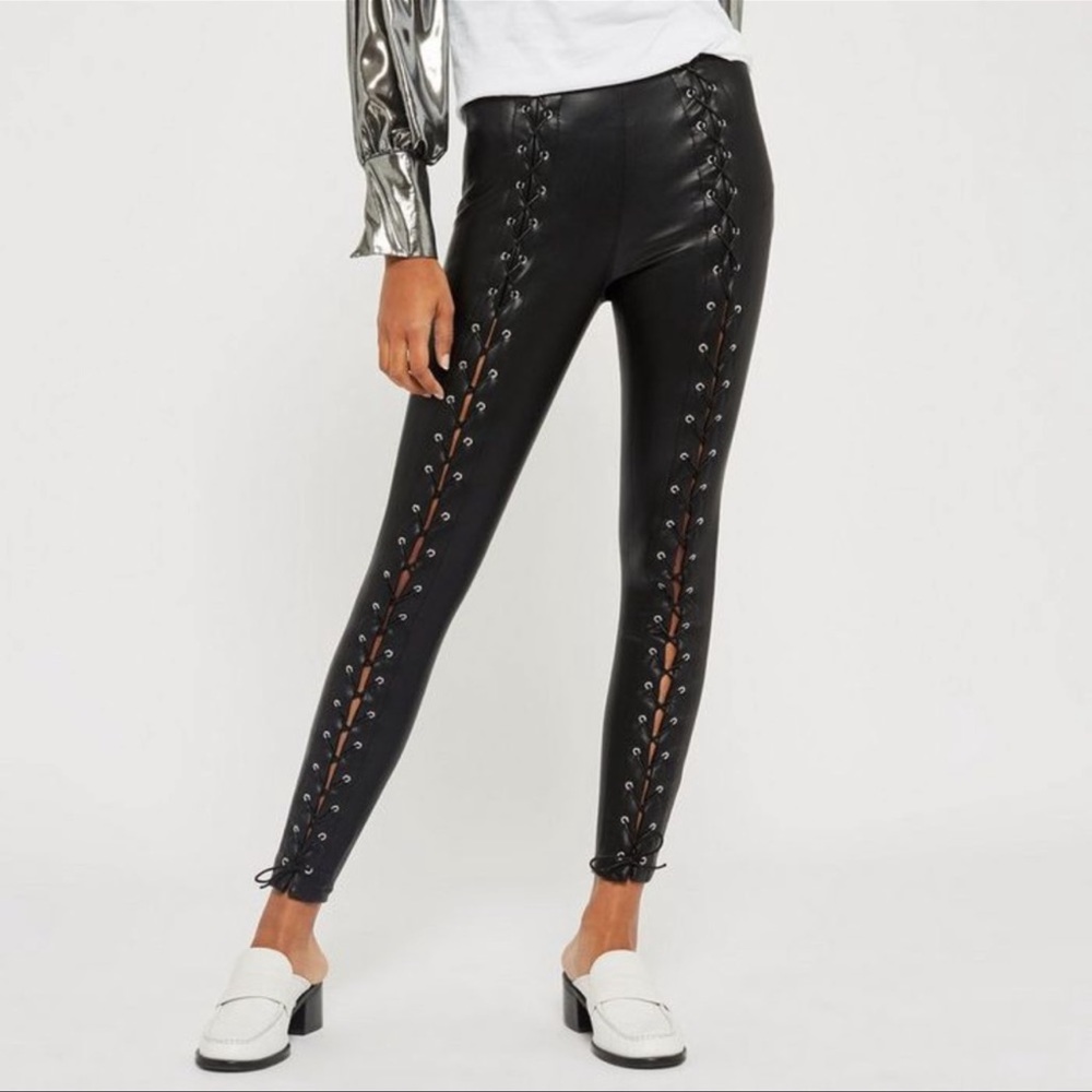 Topshop Faux Leather Percy Lace Up Skinny Pants High Waisted Black Size 6
